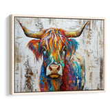 Baby Highland Cow Painted On Wood Rustic Cabin Colorful 2, Framed Canvas Print Wall Art Decor,Floating Frame
