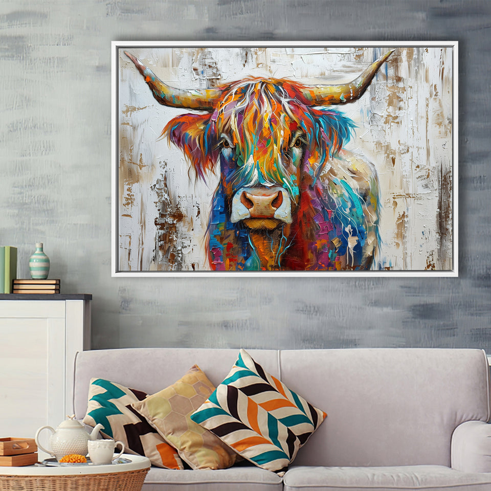 Baby Highland Cow Painted On Wood Rustic Cabin Colorful 2, Framed Canvas Print Wall Art Decor,Floating Frame