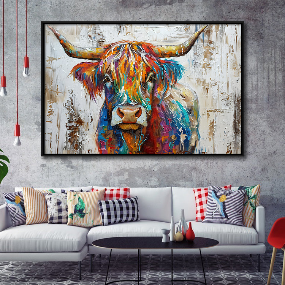 Baby Highland Cow Painted On Wood Rustic Cabin Colorful 2, Framed Canvas Print Wall Art Decor,Floating Frame