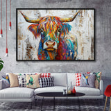 Baby Highland Cow Painted On Wood Rustic Cabin Colorful 2, Framed Canvas Print Wall Art Decor,Floating Frame