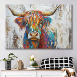 Baby Highland Cow Painted On Wood Rustic Cabin Colorful 2, Canvas Print Wall Art Decor, Landscape Art Print