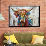 Baby Highland Cow Painted On Wood Rustic Cabin Colorful 2, Framed Art Print Wall Decor, Framed Picture