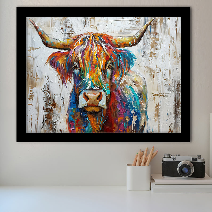 Baby Highland Cow Painted On Wood Rustic Cabin Colorful 2, Framed Art Print Wall Decor, Framed Picture