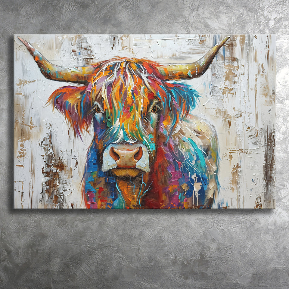 Baby Highland Cow Painted On Wood Rustic Cabin Colorful 2, Canvas Print Wall Art Decor, Landscape Art Print