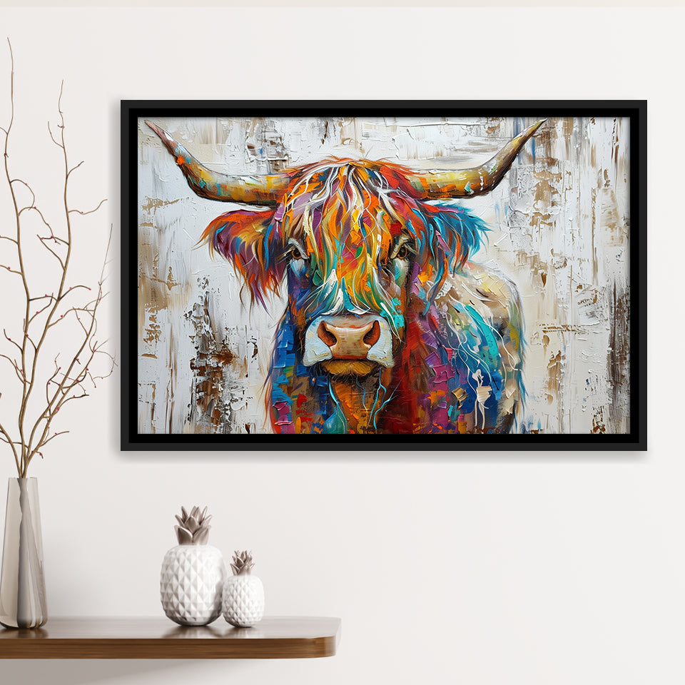Baby Highland Cow Painted On Wood Rustic Cabin Colorful 2, Framed Canvas Print Wall Art Decor,Floating Frame