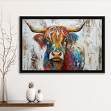 Baby Highland Cow Painted On Wood Rustic Cabin Colorful 2, Framed Canvas Print Wall Art Decor,Floating Frame
