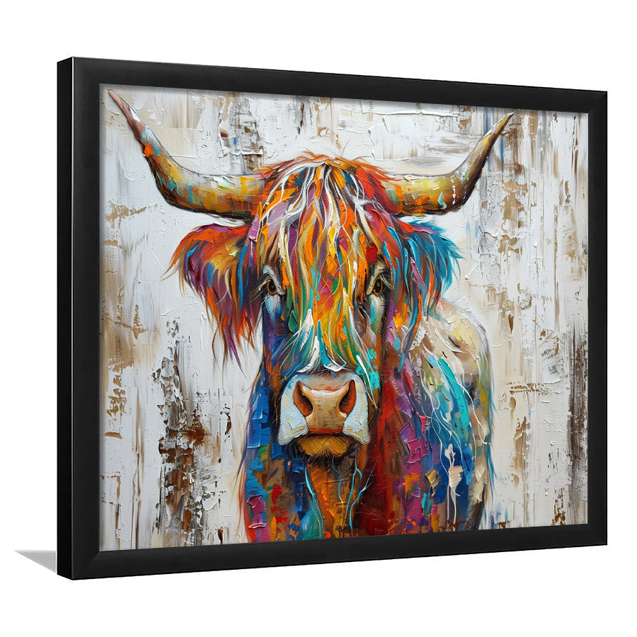 Baby Highland Cow Painted On Wood Rustic Cabin Colorful 2, Framed Art Print Wall Decor, Framed Picture