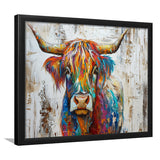 Baby Highland Cow Painted On Wood Rustic Cabin Colorful 2, Framed Art Print Wall Decor, Framed Picture