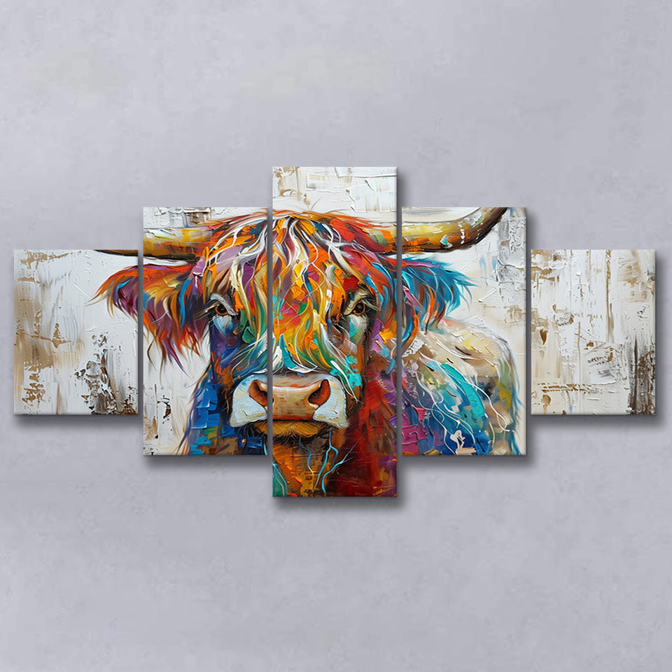 Baby Highland Cow Painted On Wood Rustic Cabin Colorful 2, Multi Panel Canvas Print Wall Art Decor, 5 Mixed Panel
