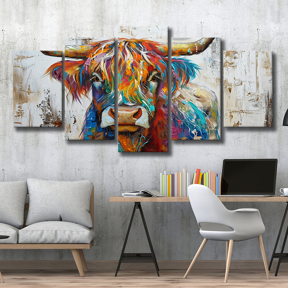 Baby Highland Cow Painted On Wood Rustic Cabin Colorful 2, Multi Panel Canvas Print Wall Art Decor, 5 Mixed Panel