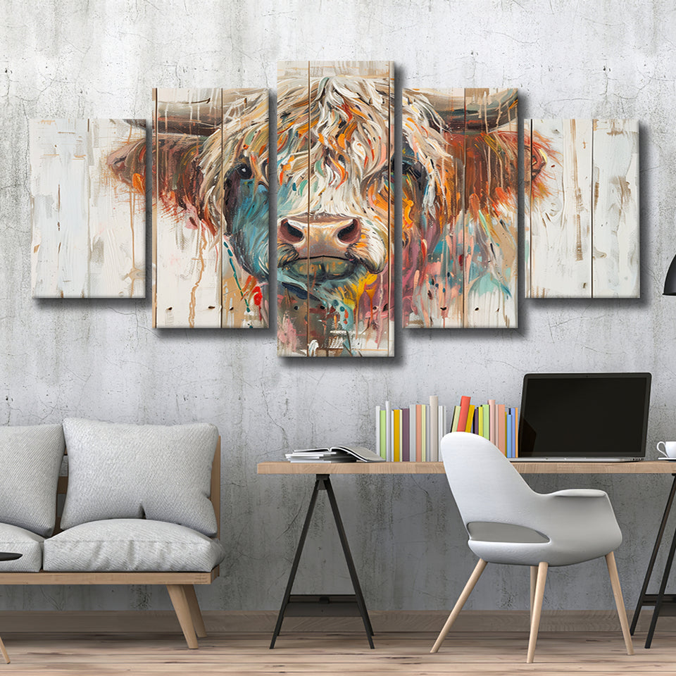 Baby Highland Cow Painted On Wood Rustic Cabin Painting, Multi Panel Canvas Print Wall Art Decor, 5 Mixed Panel