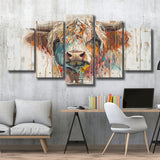 Baby Highland Cow Painted On Wood Rustic Cabin Painting, Multi Panel Canvas Print Wall Art Decor, 5 Mixed Panel