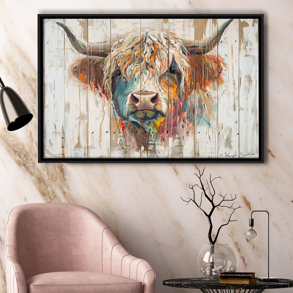 Baby Highland Cow Painted On Wood Rustic Cabin Painting, Framed Canvas Print Wall Art Decor,Floating Frame