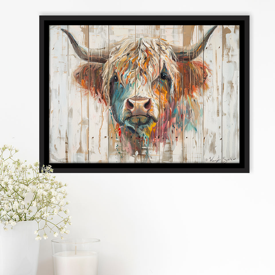 Baby Highland Cow Painted On Wood Rustic Cabin Painting, Framed Canvas Print Wall Art Decor,Floating Frame