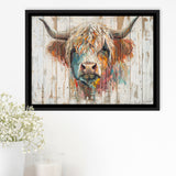 Baby Highland Cow Painted On Wood Rustic Cabin Painting, Framed Canvas Print Wall Art Decor,Floating Frame