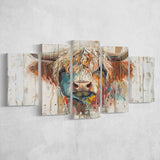 Baby Highland Cow Painted On Wood Rustic Cabin Painting, Multi Panel Canvas Print Wall Art Decor, 5 Mixed Panel