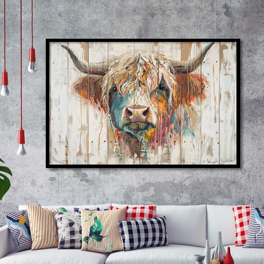 Baby Highland Cow Painted On Wood Rustic Cabin Painting, Framed Art Print Wall Decor, Framed Picture