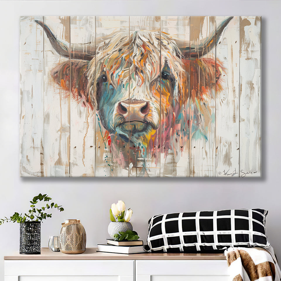 Baby Highland Cow Painted On Wood Rustic Cabin Painting, Canvas Print Wall Art Decor, Landscape Art Print