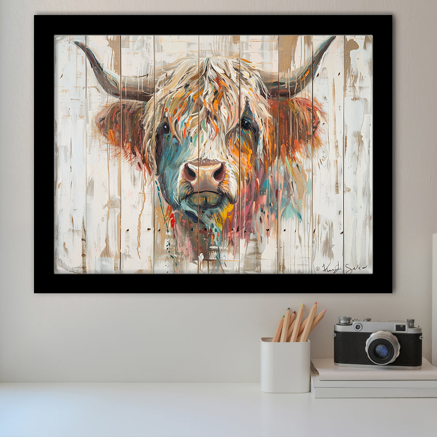 Baby Highland Cow Painted On Wood Rustic Cabin Painting, Framed Art Print Wall Decor, Framed Picture