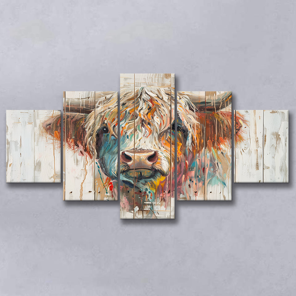 Baby Highland Cow Painted On Wood Rustic Cabin Painting, Multi Panel Canvas Print Wall Art Decor, 5 Mixed Panel