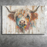 Baby Highland Cow Painted On Wood Rustic Cabin Painting, Canvas Print Wall Art Decor, Landscape Art Print