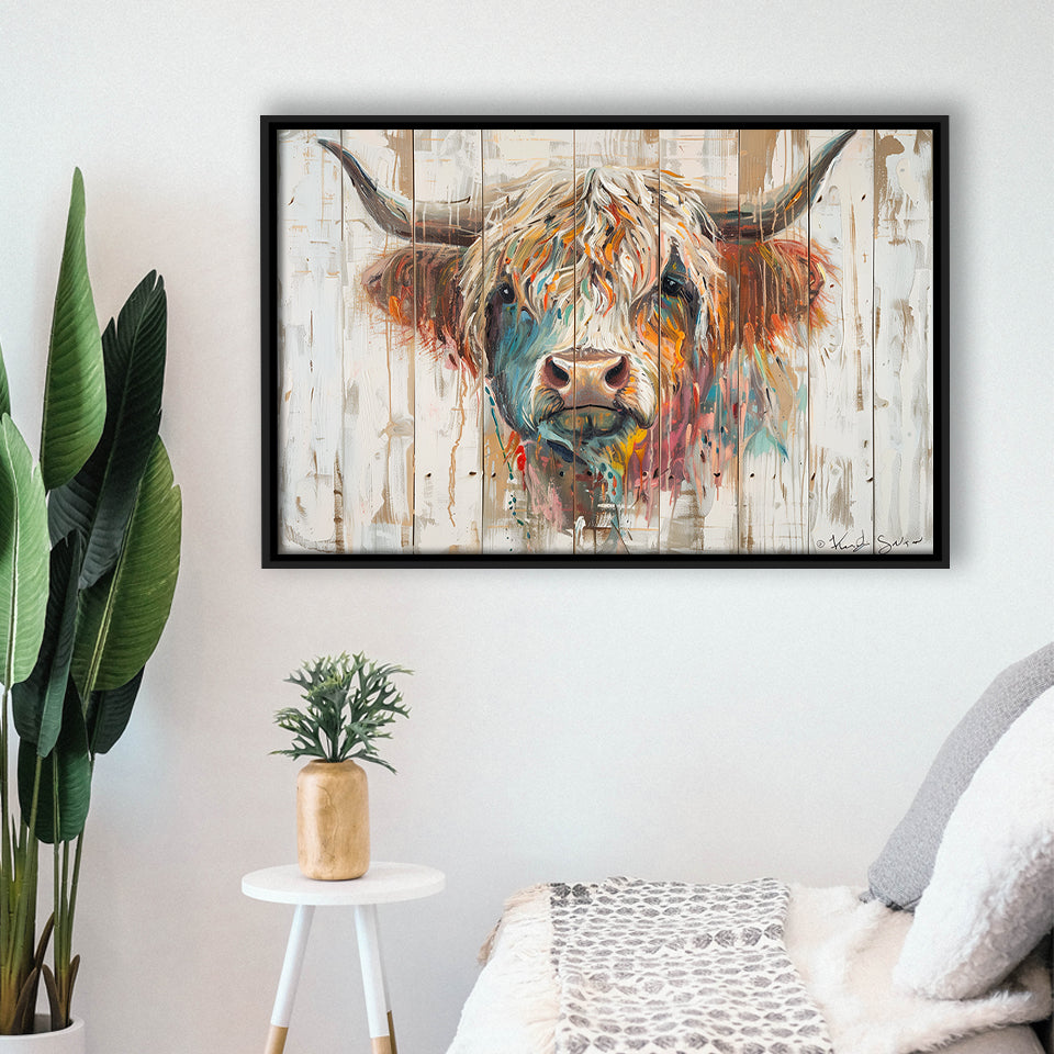 Baby Highland Cow Painted On Wood Rustic Cabin Painting, Framed Canvas Print Wall Art Decor,Floating Frame