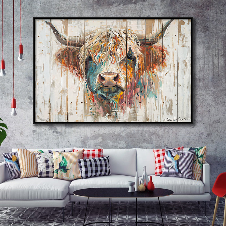 Baby Highland Cow Painted On Wood Rustic Cabin Painting, Framed Canvas Print Wall Art Decor,Floating Frame