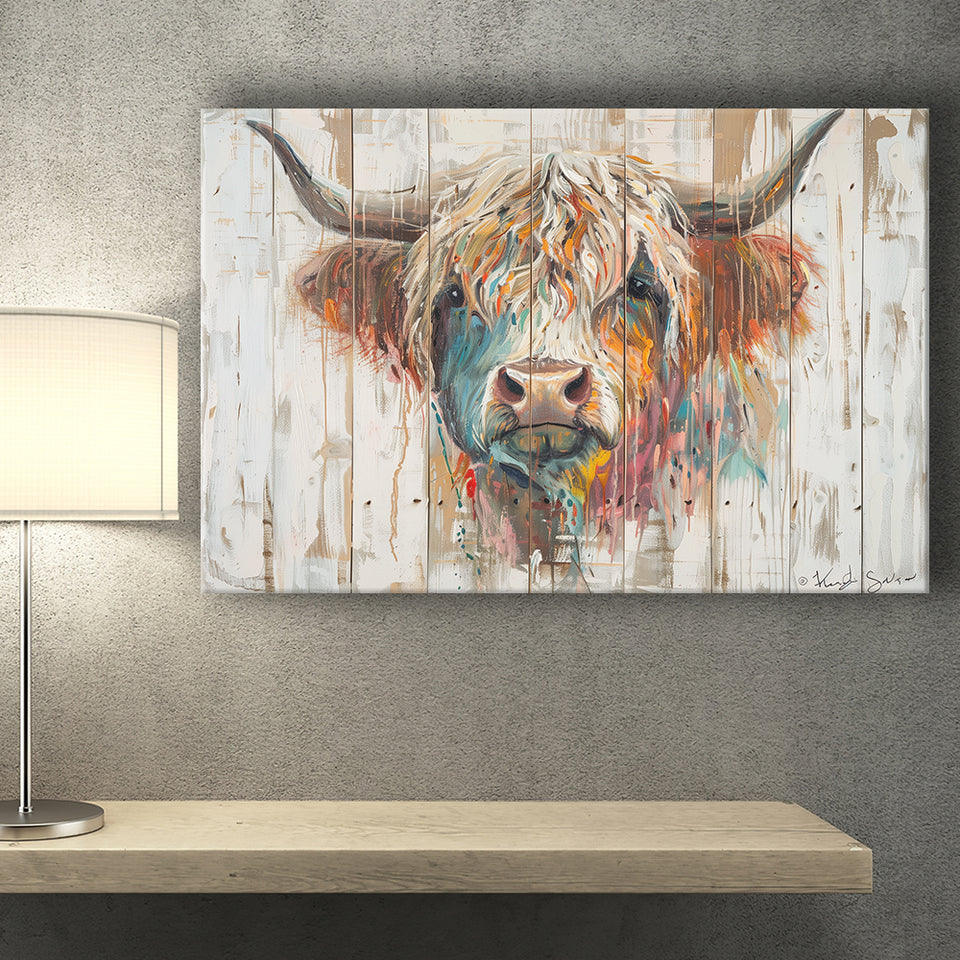 Baby Highland Cow Painted On Wood Rustic Cabin Painting, Canvas Print Wall Art Decor, Landscape Art Print
