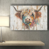 Baby Highland Cow Painted On Wood Rustic Cabin Painting, Canvas Print Wall Art Decor, Landscape Art Print