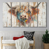 Baby Highland Cow Painted On Wood Rustic Cabin Painting, Extra Large Multi 5 Panel Canvas Print Wall Art Decor