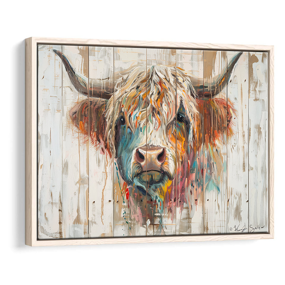 Baby Highland Cow Painted On Wood Rustic Cabin Painting, Framed Canvas Print Wall Art Decor,Floating Frame