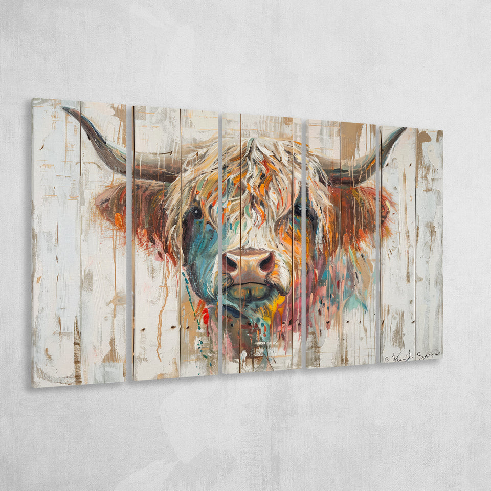 Baby Highland Cow Painted On Wood Rustic Cabin Painting, Extra Large Multi 5 Panel Canvas Print Wall Art Decor
