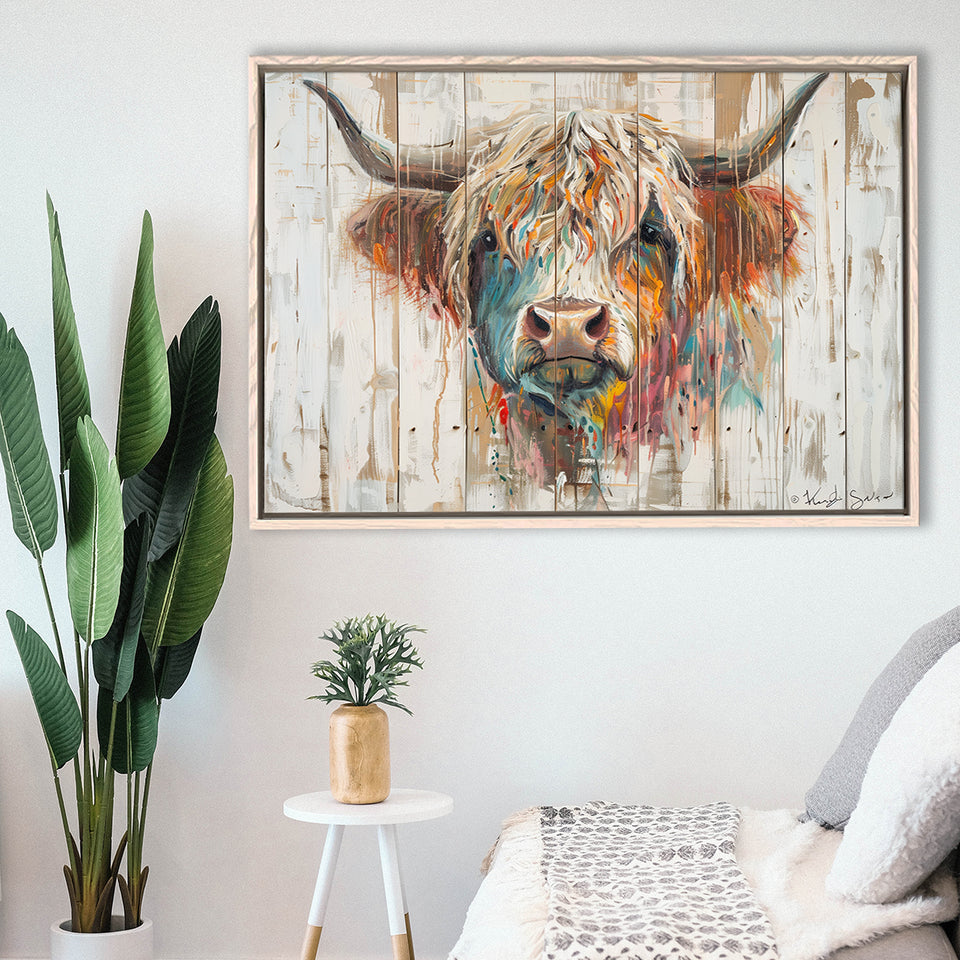 Baby Highland Cow Painted On Wood Rustic Cabin Painting, Framed Canvas Print Wall Art Decor,Floating Frame