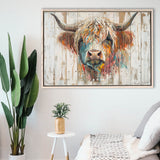 Baby Highland Cow Painted On Wood Rustic Cabin Painting, Framed Canvas Print Wall Art Decor,Floating Frame