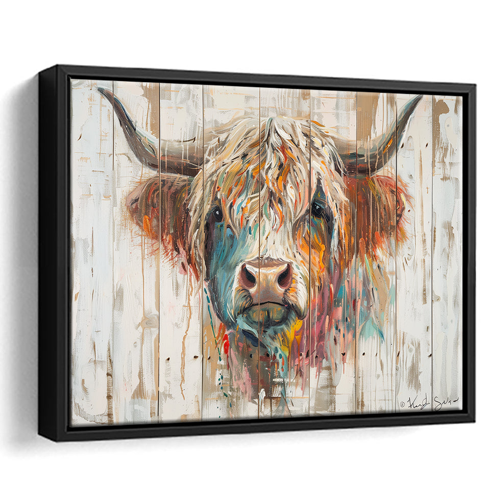 Baby Highland Cow Painted On Wood Rustic Cabin Painting, Framed Canvas Print Wall Art Decor,Floating Frame