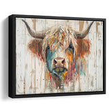 Baby Highland Cow Painted On Wood Rustic Cabin Painting, Framed Canvas Print Wall Art Decor,Floating Frame