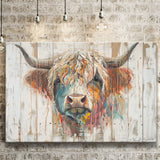 Baby Highland Cow Painted On Wood Rustic Cabin Painting, Canvas Print Wall Art Decor, Landscape Art Print