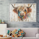 Baby Highland Cow Painted On Wood Rustic Cabin Painting, Framed Canvas Print Wall Art Decor,Floating Frame
