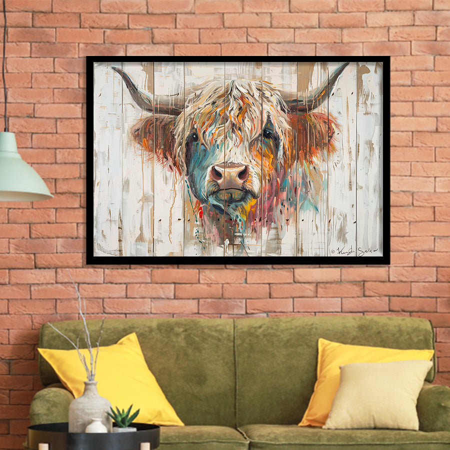 Baby Highland Cow Painted On Wood Rustic Cabin Painting, Framed Art Print Wall Decor, Framed Picture