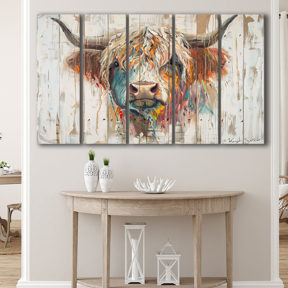 Baby Highland Cow Painted On Wood Rustic Cabin Painting, Extra Large Multi 5 Panel Canvas Print Wall Art Decor