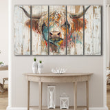 Baby Highland Cow Painted On Wood Rustic Cabin Painting, Extra Large Multi 5 Panel Canvas Print Wall Art Decor