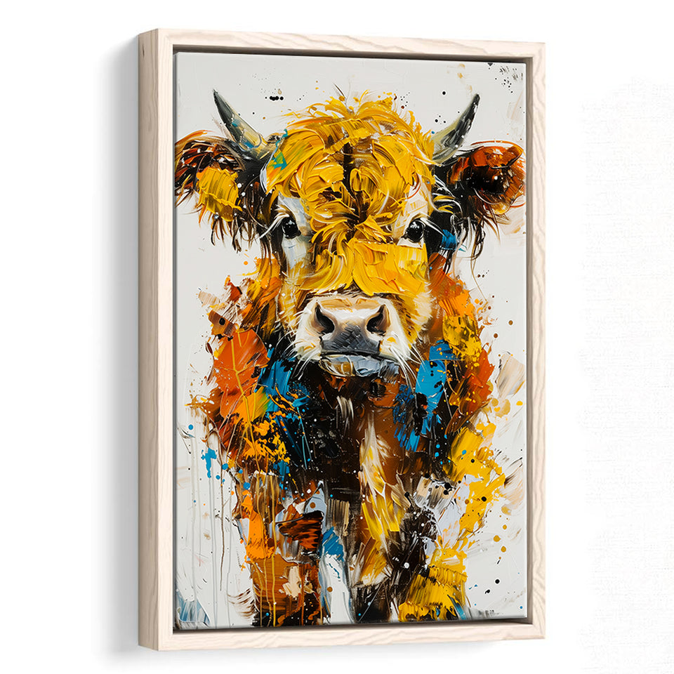Baby Highland Cow Portrait Painting V1, Framed Canvas Painting, Framed Canvas Prints Wall Art Decor
