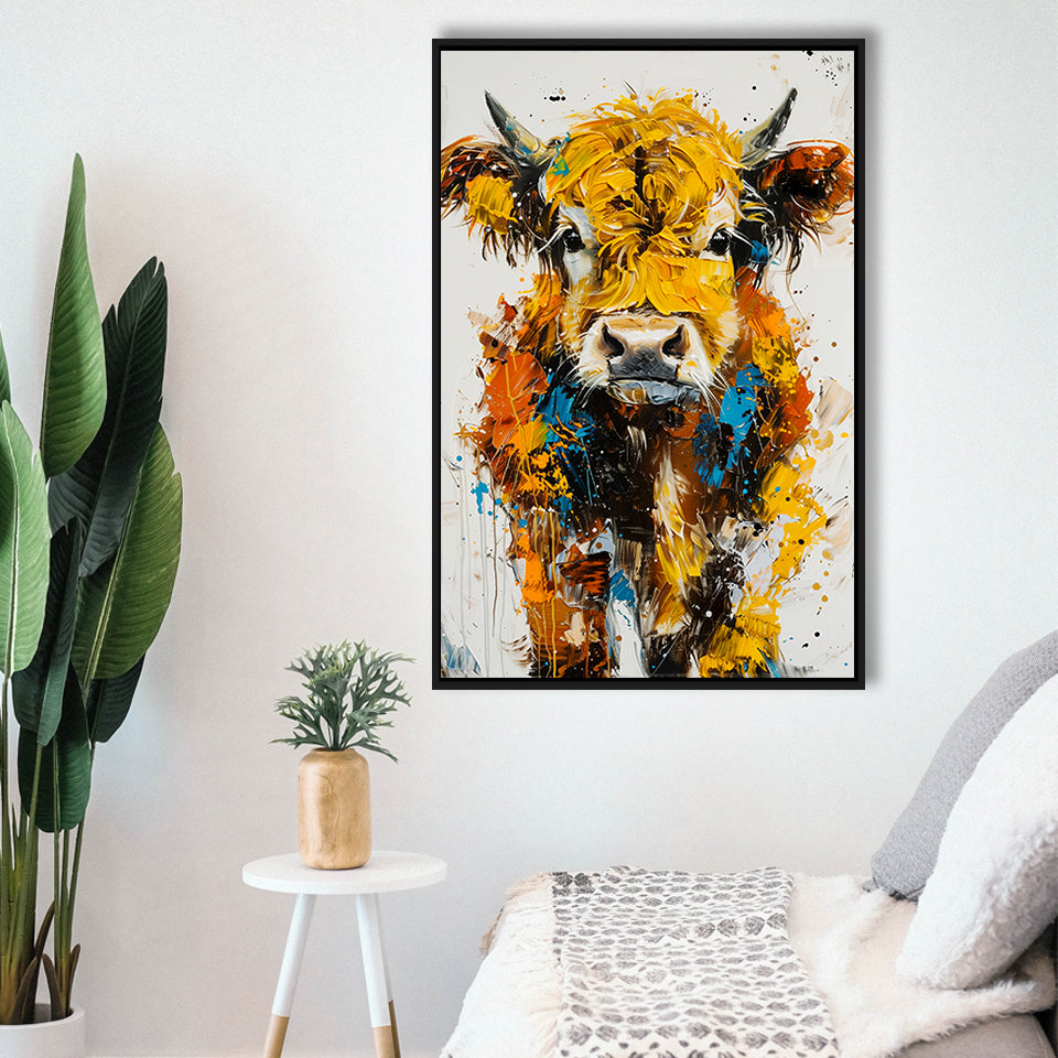 Baby Highland Cow Portrait Painting V1, Framed Canvas Painting, Framed Canvas Prints Wall Art Decor