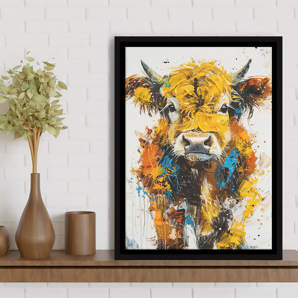 Baby Highland Cow Portrait Painting V1, Framed Canvas Painting, Framed Canvas Prints Wall Art Decor