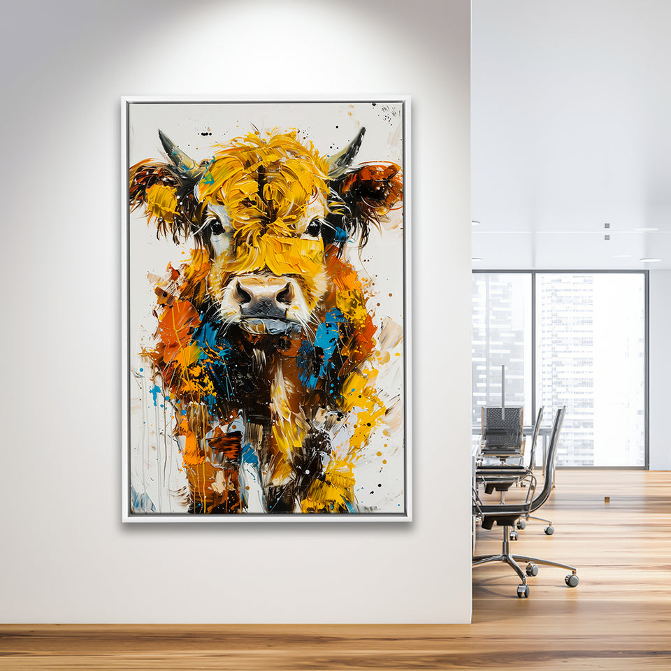 Baby Highland Cow Portrait Painting V1, Framed Canvas Painting, Framed Canvas Prints Wall Art Decor