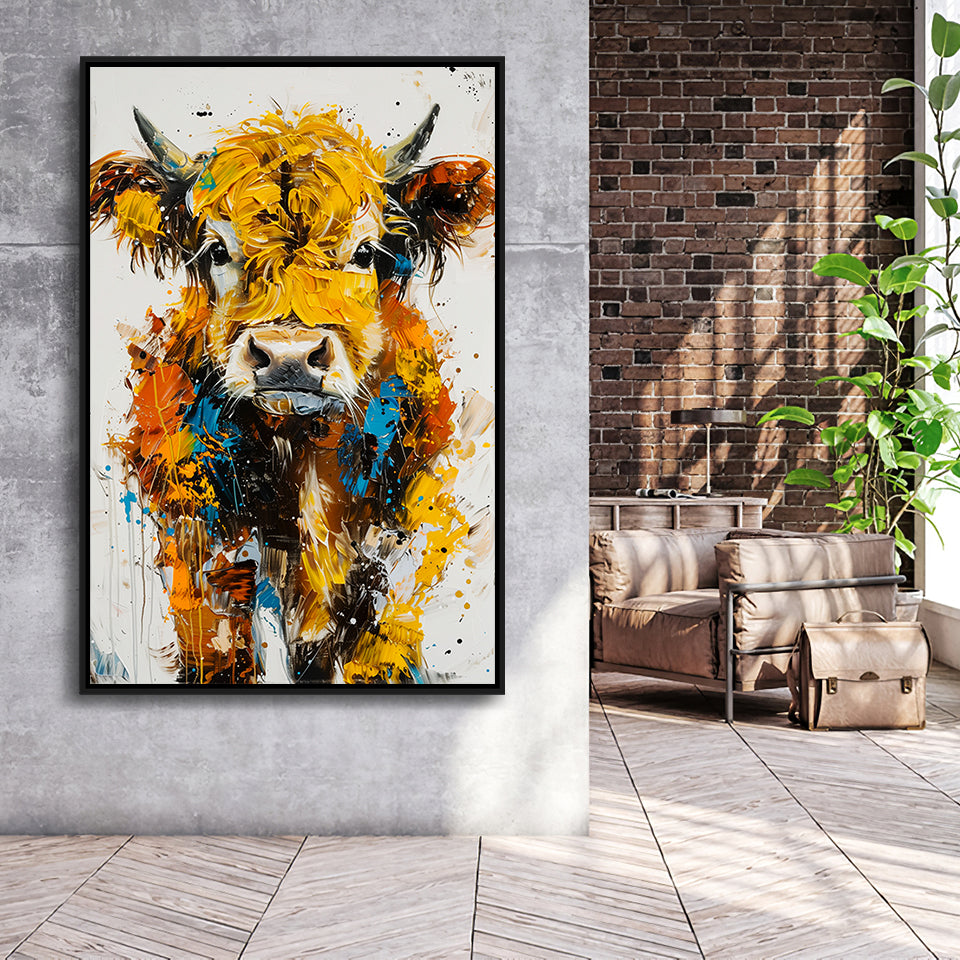 Baby Highland Cow Portrait Painting V1, Framed Canvas Painting, Framed Canvas Prints Wall Art Decor