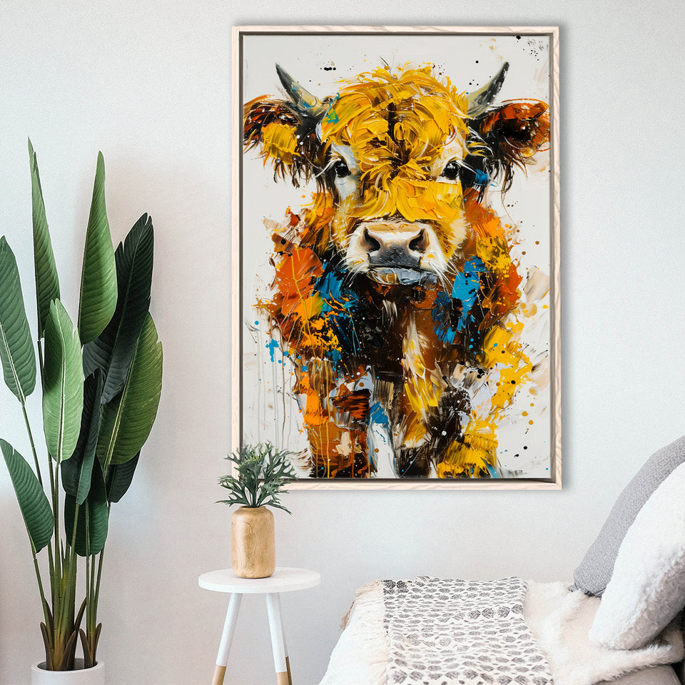 Baby Highland Cow Portrait Painting V1, Framed Canvas Painting, Framed Canvas Prints Wall Art Decor