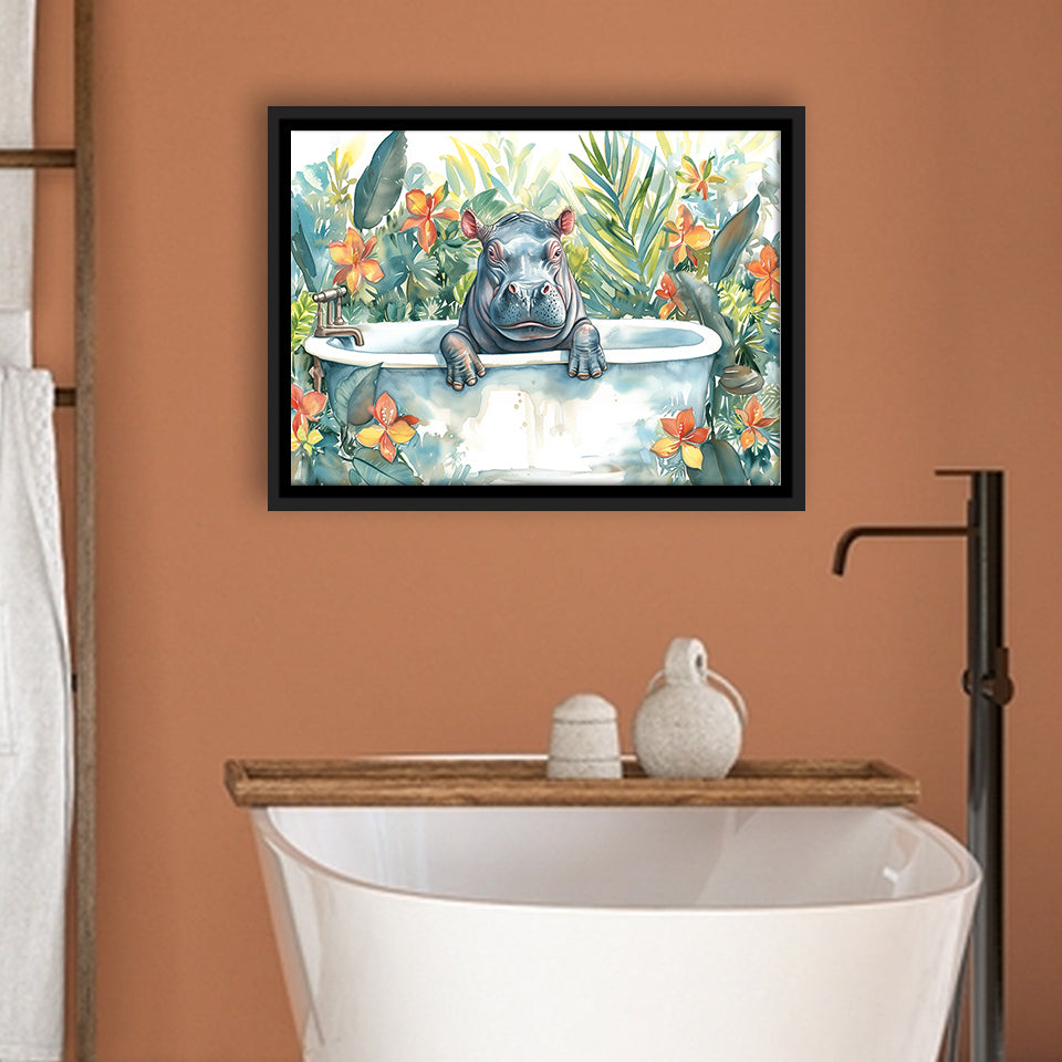 Baby Hippo In Bathtub Bathroom Print Tropical Leave, Bathroom Art Decor Framed Canvas Prints Wall Art,Floating Frame
