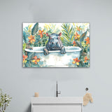 Baby Hippo In Bathtub Bathroom Print Tropical Leave, Bathroom Art Decor Canvas Prints Wall Art, Animal Bathroom Art