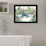 Baby Hippo In Bathtub Bathroom Print Tropical Leave, Bathroom Art Decor Framed Art PrintsWall Art, Animal Bathroom Art